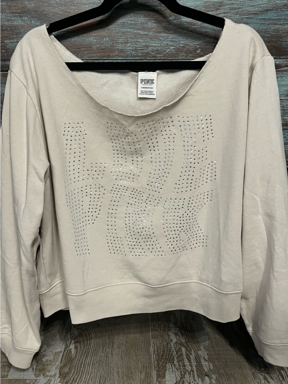 EUC💗PINK VS Tan BLING Ltd EDITION Fleece CROP Off The Shoulder Sweatshirt!Sz-XL!